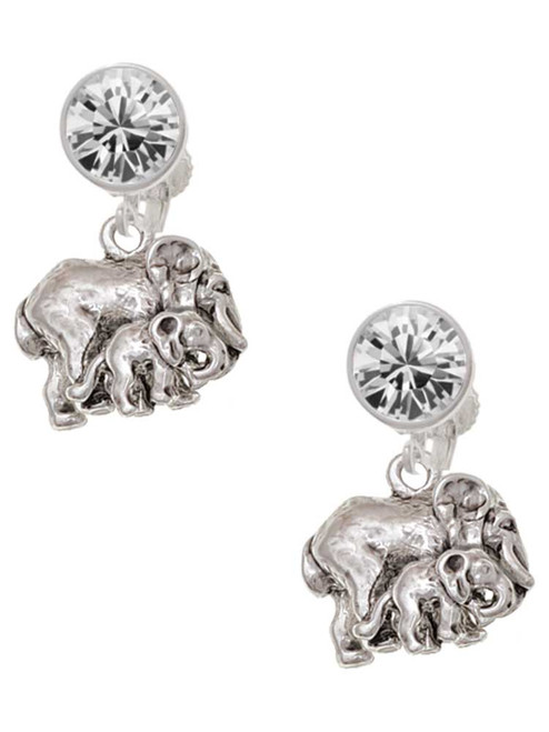 Silver Plated Loved Elephant with Baby - Crystal Clip on Earrings: Color Choice - Red, Green, Blue, Purple, Pink, Clear, Black