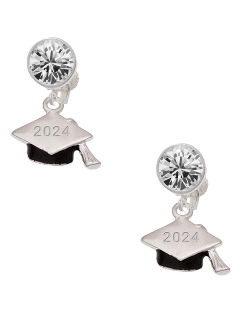 Silver Plated 3-D Graduation Hat with 2024 - Crystal Clip on Earrings: Color Choice - Red, Green, Blue, Purple, Pink, Clear, Black