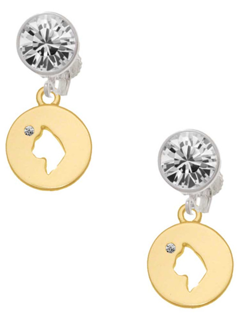 Gold-tone Cat Head Silhouette - Crystal Clip on Earrings: Color Choice - Red, Green, Blue, Purple, Pink, Clear, Black