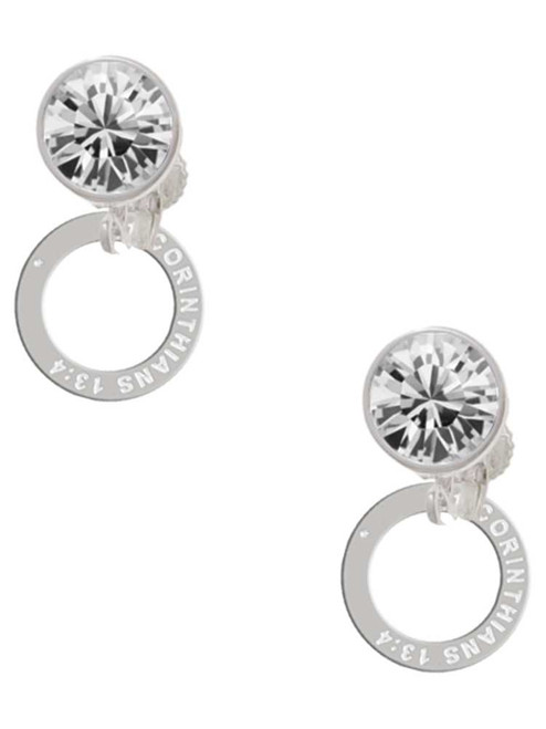 Silver Plated Corinthians 13:4 Eternity Ring - Crystal Clip on Earrings: Color Choice - Red, Green, Blue, Purple, Pink, Clear, Black