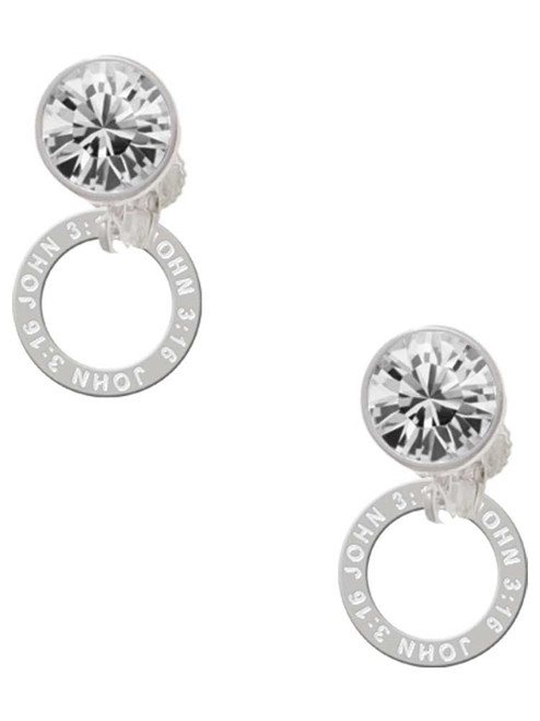 Silver Plated John 3:16 Eternity Ring - Crystal Clip on Earrings: Color Choice - Red, Green, Blue, Purple, Pink, Clear, Black