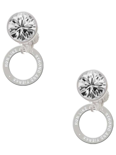 Silver Plated Run Like A Girl Eternity Ring - Crystal Clip on Earrings: Color Choice - Red, Green, Blue, Purple, Pink, Clear, Black