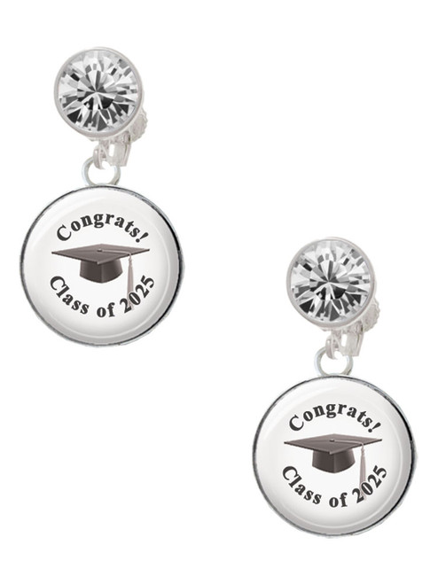 Silver Plated Domed Class of 2025 - Crystal Clip on Earrings: Color Choice - Red, Green, Blue, Purple, Pink, Clear, Black