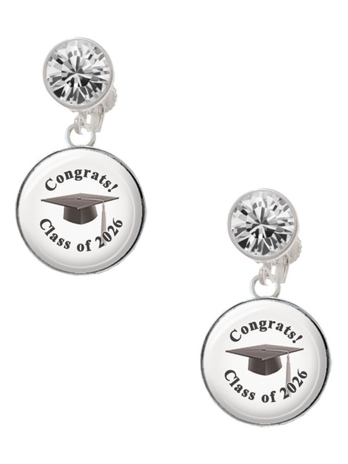 Silver Plated Domed Class of 2026 - Crystal Clip on Earrings: Color Choice - Red, Green, Blue, Purple, Pink, Clear, Black