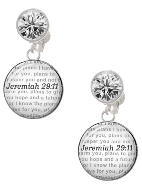 Silver Plated Domed Jeremiah 29:11 - Crystal Clip on Earrings: Color Choice - Red, Green, Blue, Purple, Pink, Clear, Black