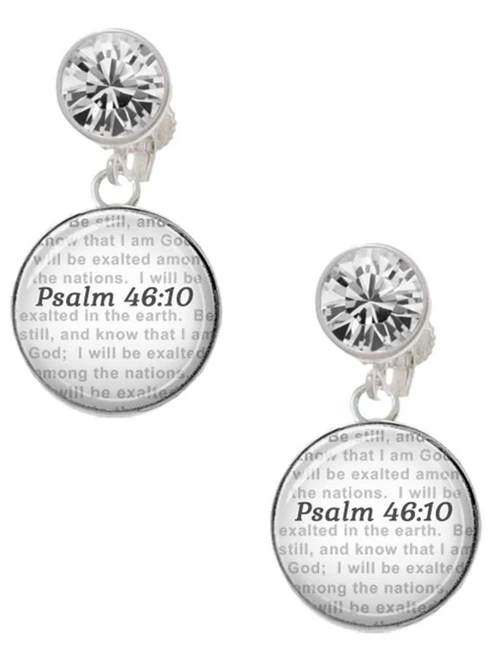 Silver Plated Domed Psalm 46:10 - Crystal Clip on Earrings: Color Choice - Red, Green, Blue, Purple, Pink, Clear, Black