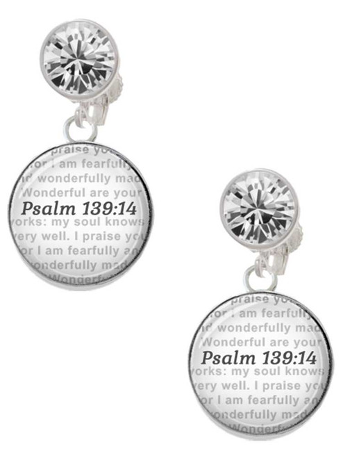 Silver Plated Domed Psalm 139:14 - Crystal Clip on Earrings: Color Choice - Red, Green, Blue, Purple, Pink, Clear, Black