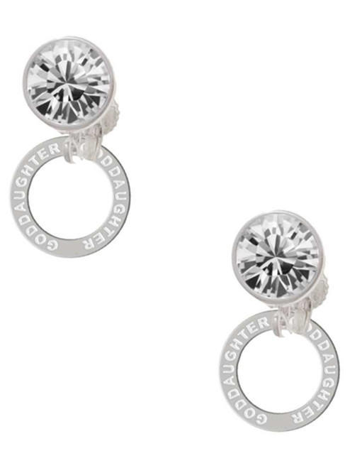 Silver Plated Goddaughter Eternity Ring - Crystal Clip on Earrings: Color Choice - Red, Green, Blue, Purple, Pink, Clear, Black
