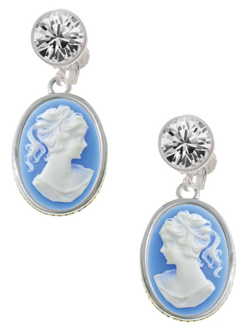 Silver Plated Small Blue Oval Cameo - Crystal Clip on Earrings: Color Choice - Red, Green, Blue, Purple, Pink, Clear, Black