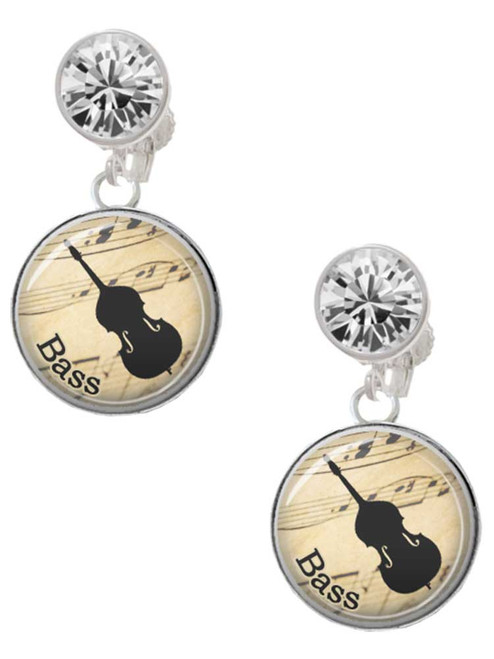 Silver Plated Domed Music - Bass - Crystal Clip on Earrings: Color Choice - Red, Green, Blue, Purple, Pink, Clear, Black