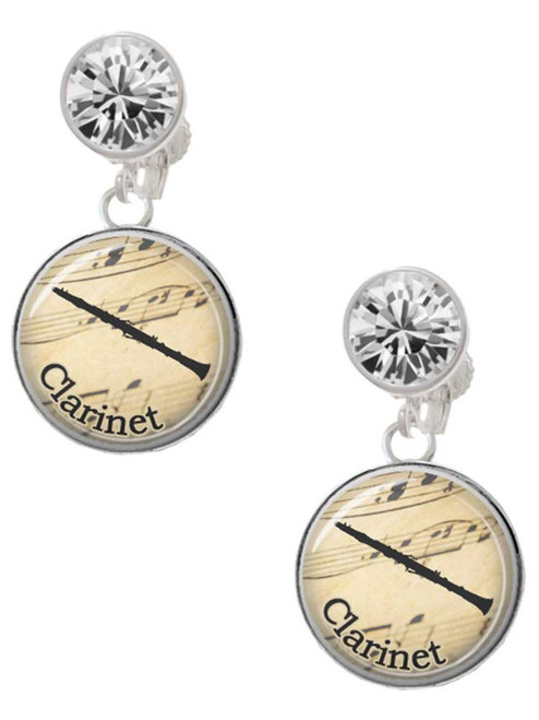 Silver Plated Domed Music - Clarinet - Crystal Clip on Earrings: Color Choice - Red, Green, Blue, Purple, Pink, Clear, Black