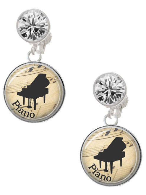 Silver Plated Domed Music - Piano - Crystal Clip on Earrings: Color Choice - Red, Green, Blue, Purple, Pink, Clear, Black
