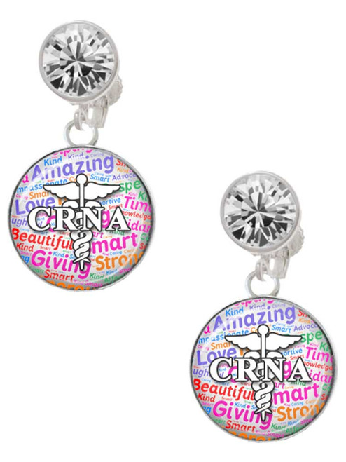 Silver Plated Domed Multi Color CRNA - Crystal Clip on Earrings: Color Choice - Red, Green, Blue, Purple, Pink, Clear, Black