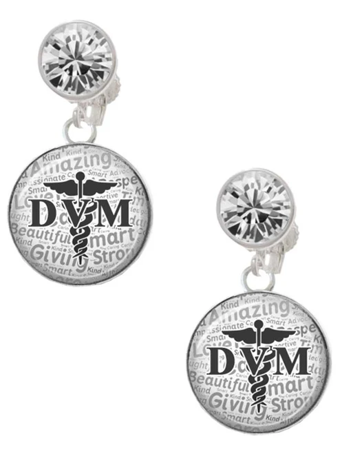 Silver Plated Domed Black DVM - Crystal Clip on Earrings: Color Choice - Red, Green, Blue, Purple, Pink, Clear, Black