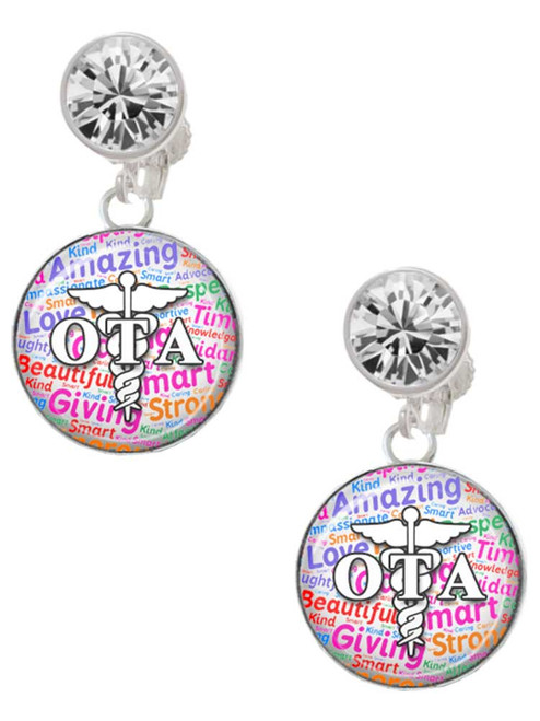 Silver Plated Domed Multi Color OTA - Crystal Clip on Earrings: Color Choice - Red, Green, Blue, Purple, Pink, Clear, Black