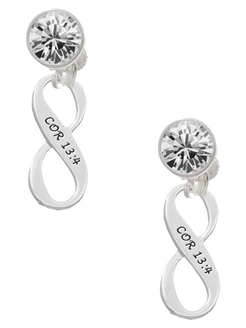 Silver Plated 1 Corinthians 13:4 Infinity Sign - Crystal Clip on Earrings: Color Choice - Red, Green, Blue, Purple, Pink, Clear, Black