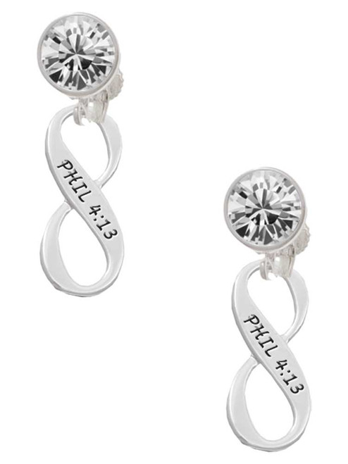 Silver Plated Philippians 4:13 Infinity Sign - Crystal Clip on Earrings: Color Choice - Red, Green, Blue, Purple, Pink, Clear, Black