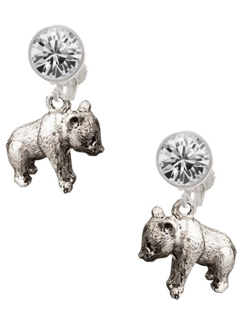 Silver Plated Panda Bear Standing - Crystal Clip on Earrings: Color Choice - Red, Green, Blue, Purple, Pink, Clear, Black
