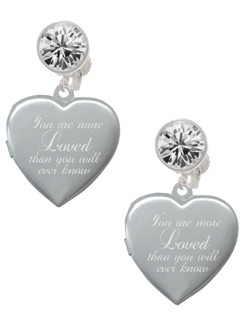 Silver Plated You Are More Loved Engraved Locket - Crystal Clip on Earrings: Color Choice - Red, Green, Blue, Purple, Pink, Clear, Black