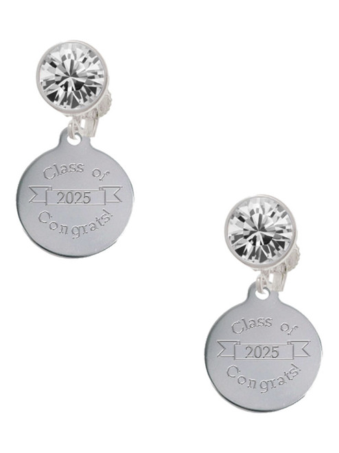 Stainless Steel Disc Class of 2025 - Crystal Clip on Earrings: Color Choice - Red, Green, Blue, Purple, Pink, Clear, Black