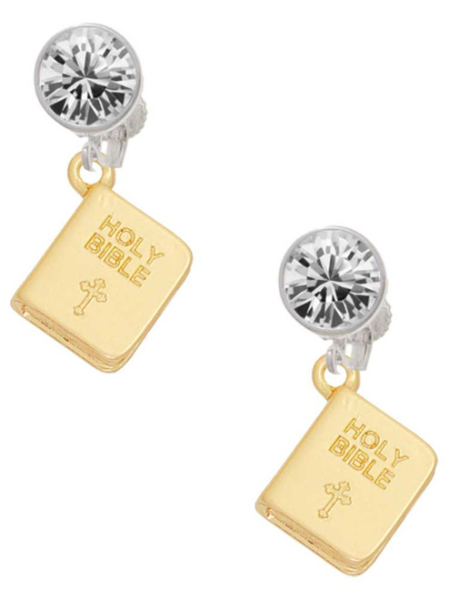 Gold-tone Holy Bible - Crystal Clip on Earrings: Color Choice - Red, Green, Blue, Purple, Pink, Clear, Black