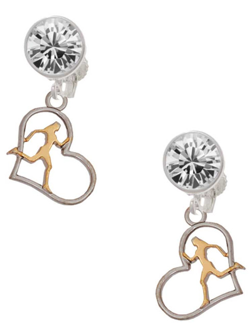 Silver Plated Runner Silhouette in Heart - Crystal Clip on Earrings: Color Choice - Red, Green, Blue, Purple, Pink, Clear, Black