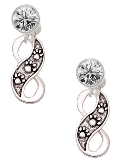 Silver Plated Paw Prints Infinity - Crystal Clip on Earrings: Color Choice - Red, Green, Blue, Purple, Pink, Clear, Black