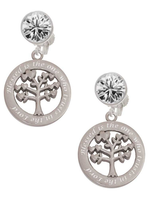 Stainless Steel Trust in the Lord Tree of Life - Crystal Clip on Earrings: Color Choice - Red, Green, Blue, Purple, Pink, Clear, Black