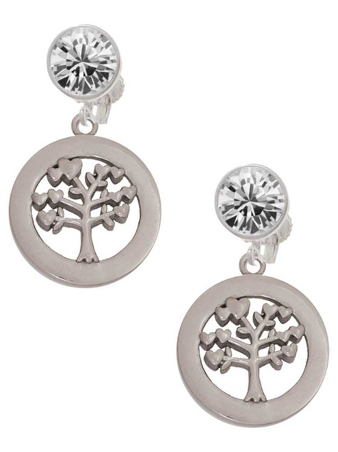 Stainless Steel Tree of Life in Eternity Ring - Crystal Clip on Earrings: Color Choice - Red, Green, Blue, Purple, Pink, Clear, Black