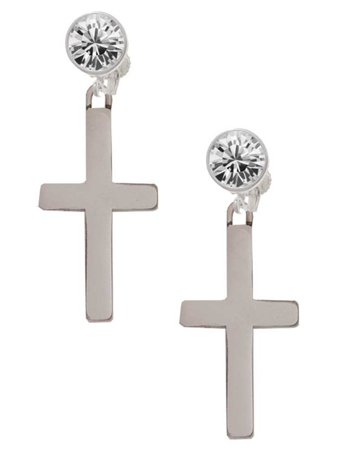 Stainless Steel 1.3" Cross - Crystal Clip on Earrings: Color Choice - Red, Green, Blue, Purple, Pink, Clear, Black