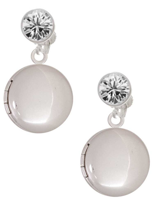 Silver Plated 20mm Round Locket - Crystal Clip on Earrings: Color Choice - Red, Green, Blue, Purple, Pink, Clear, Black