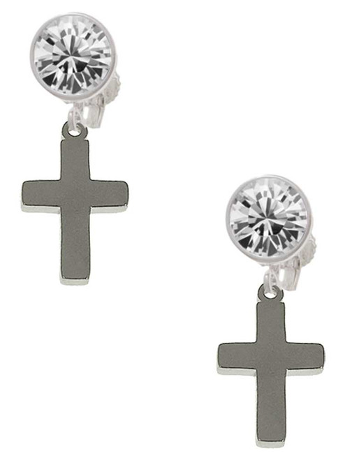 Stainless Steel 5/8" Cross - Crystal Clip on Earrings: Color Choice - Red, Green, Blue, Purple, Pink, Clear, Black