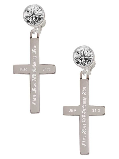 Stainless Steel Jeremiah 31:3 - Everlasting Love Engraved Cross - Crystal Clip on Earrings: Color Choice - Red, Green, Blue, Purple, Pink, Clear, Black
