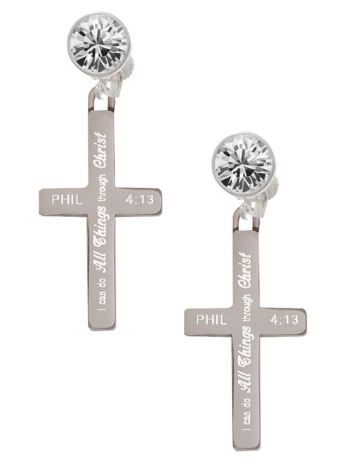 Stainless Steel Philippians 4:13 - I Can Do All Things Engraved Cross - Crystal Clip on Earrings: Color Choice - Red, Green, Blue, Purple, Pink, Clear, Black