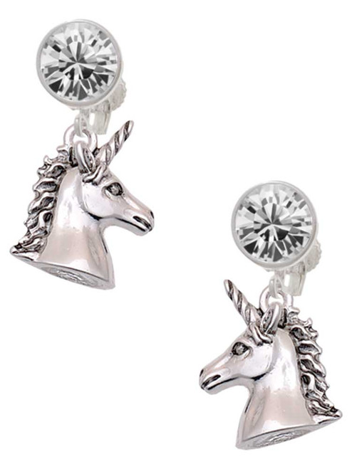 Silver Plated 3-D Unicorn Head - Crystal Clip on Earrings: Color Choice - Red, Green, Blue, Purple, Pink, Clear, Black