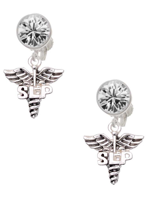 Silver Plated SLP Caduceus - Crystal Clip on Earrings: Color Choice - Red, Green, Blue, Purple, Pink, Clear, Black