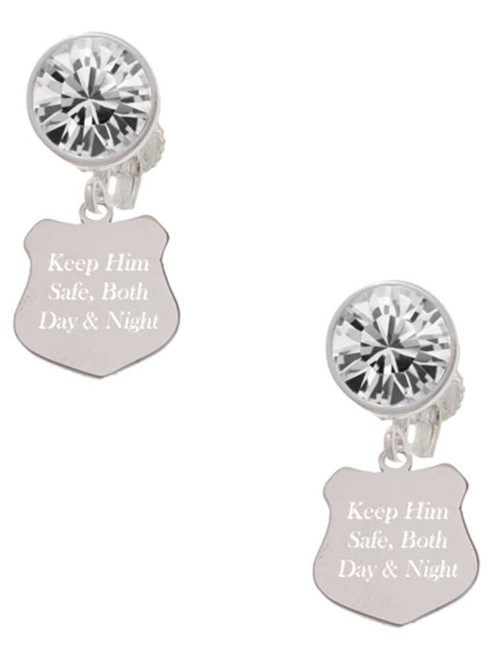 Stainless Steel Keep Him Safe Police Badge - Crystal Clip on Earrings: Color Choice - Red, Green, Blue, Purple, Pink, Clear, Black