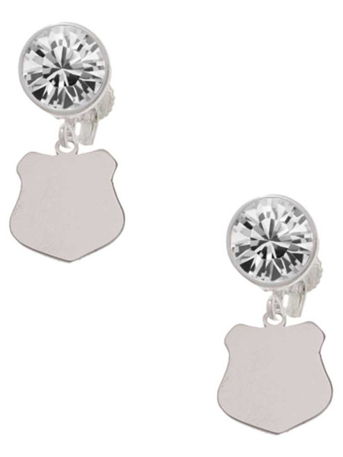 Stainless Steel Police Badge - Crystal Clip on Earrings: Color Choice - Red, Green, Blue, Purple, Pink, Clear, Black
