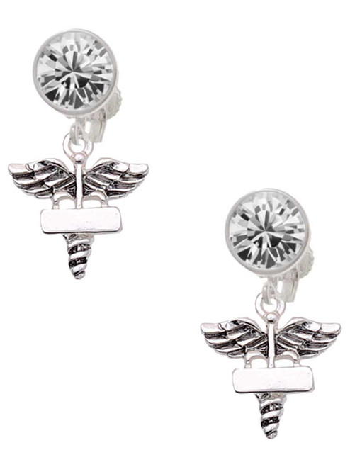 Silver Plated Engravable Caduceus - Crystal Clip on Earrings: Color Choice - Red, Green, Blue, Purple, Pink, Clear, Black