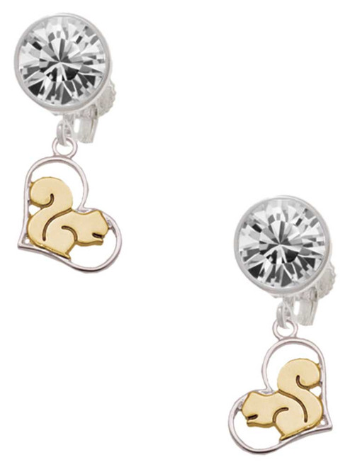Two-tone Squirrel in Heart - Crystal Clip on Earrings: Color Choice - Red, Green, Blue, Purple, Pink, Clear, Black