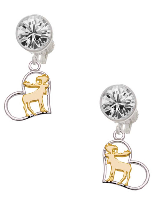 Two-tone Moose in Heart - Crystal Clip on Earrings: Color Choice - Red, Green, Blue, Purple, Pink, Clear, Black
