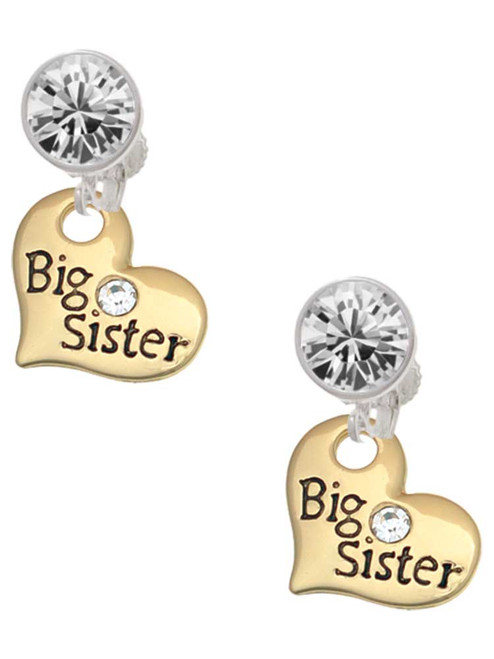 Gold-tone Large Big Sister Heart with Clear Crystal - Crystal Clip on Earrings: Color Choice - Red, Green, Blue, Purple, Pink, Clear, Black