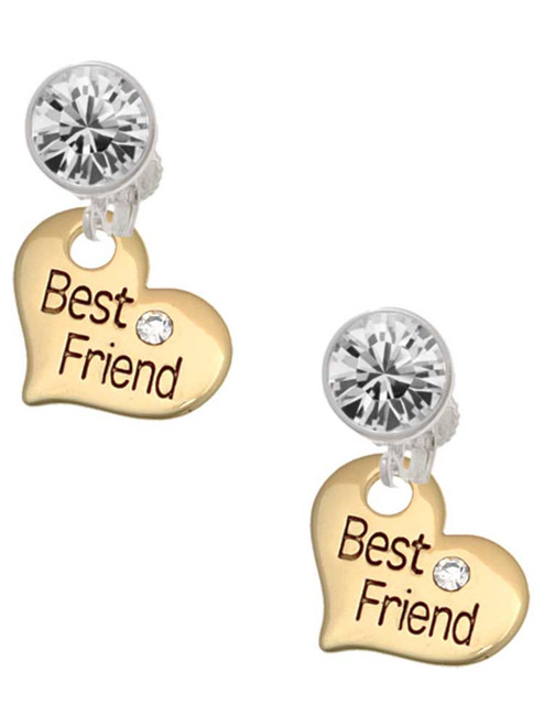 Gold-tone Large Best Friend Heart with Crystal - Crystal Clip on Earrings: Color Choice - Red, Green, Blue, Purple, Pink, Clear, Black