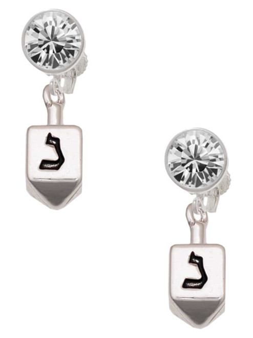 Silver Plated 3-D Dreidel - Crystal Clip on Earrings: Color Choice - Red, Green, Blue, Purple, Pink, Clear, Black