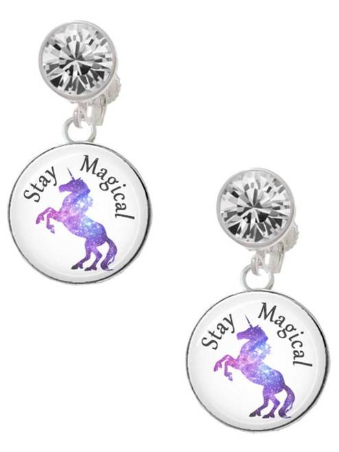 Silver Plated Domed Stay Magical Unicorn - Crystal Clip on Earrings: Color Choice - Red, Green, Blue, Purple, Pink, Clear, Black