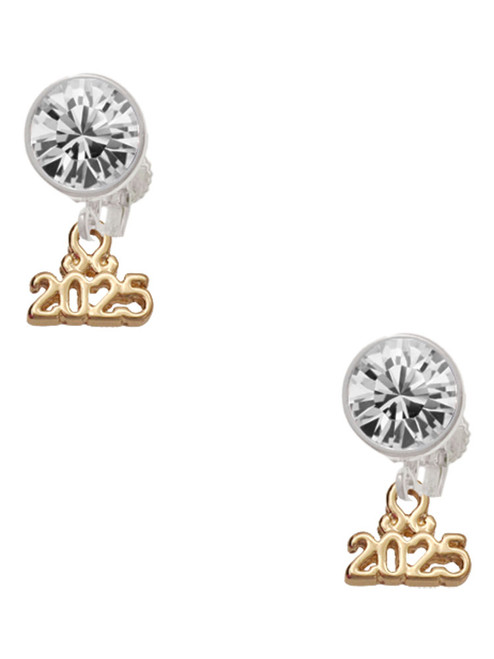Gold-tone Mini Year 2025 - Crystal Clip on Earrings: Color Choice - Red, Green, Blue, Purple, Pink, Clear, Black