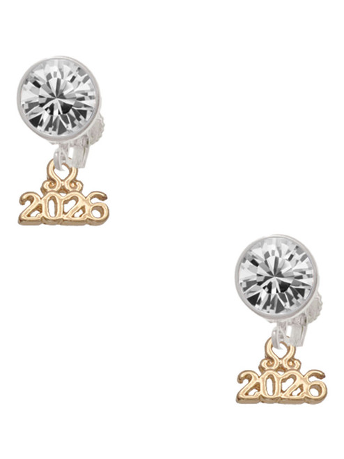 Gold-tone Mini Year 2026 - Crystal Clip on Earrings: Color Choice - Red, Green, Blue, Purple, Pink, Clear, Black