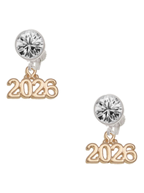 Gold-tone Horizontal Year 2026 - Crystal Clip on Earrings: Color Choice - Red, Green, Blue, Purple, Pink, Clear, Black