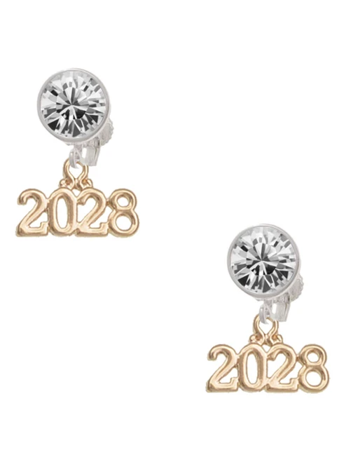 Gold-tone Horizontal Year 2028 - Crystal Clip on Earrings: Color Choice - Red, Green, Blue, Purple, Pink, Clear, Black