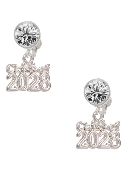 Silver Plated Class of 2028 - Crystal Clip on Earrings: Color Choice - Red, Green, Blue, Purple, Pink, Clear, Black